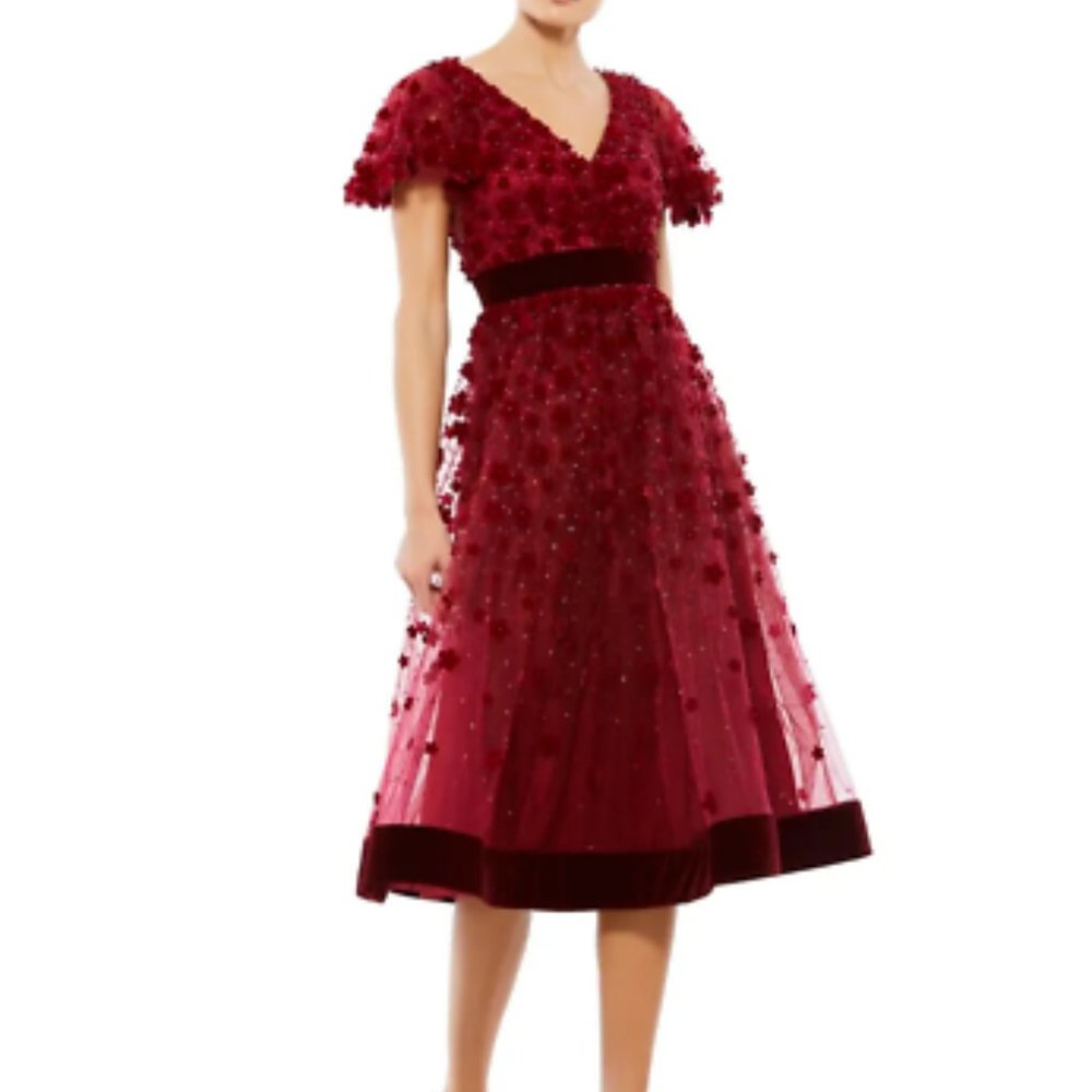 MAC DUGGAL FLORAL APPLIQUE VELVET COCKTAIL MIDI RED/BURGUNDY DRESS sz 8